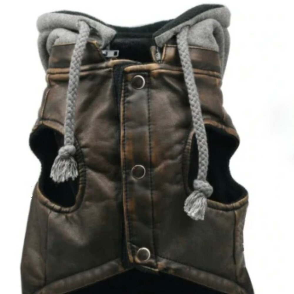 Hip Doggie Vintage Style Faux Leather Bomber Jacket w Hoodie, Large (sm breed)